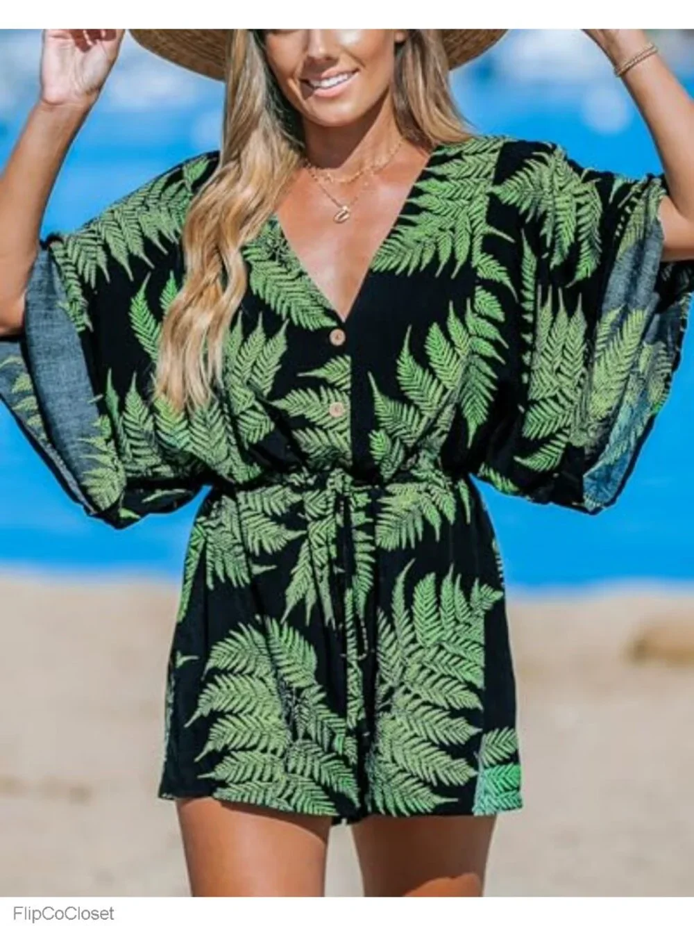 Women's Tropical Romper V-Neck Tie Waist Short Sleeve Rayon Jumpsuit